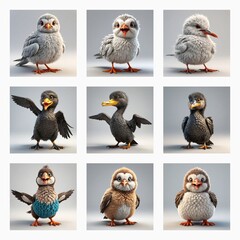 Poster - Cute 3d bird models are presented in a grid. These avian characters showcase a variety of poses and colors, all rendered in a charming style.