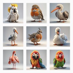 Poster - Nine adorable 3d bird models are showcased in a grid format. Each bird is uniquely designed with cute features and vibrant colors against a simple backdrop.