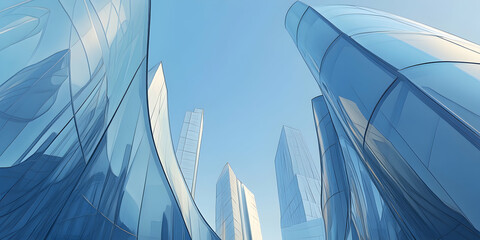 Poster - A blue sky background with glass buildings in perspective