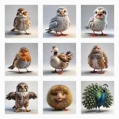 Poster - Cute 3D bird models in a grid. A charming collection of diverse and adorable avian creatures in various poses.