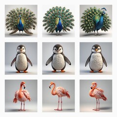 Aufkleber - Cute 3d bird models are displayed in a grid. Peacock, penguin, and flamingo are presented in a bright and charming style.
