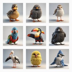 Aufkleber - A delightful collection of cute 3D bird models are presented in a grid. Various bird types are showcased in this charming display.