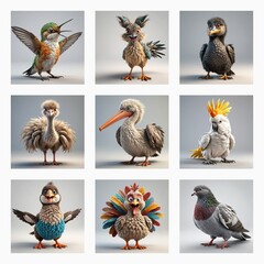 Aufkleber - Adorable 3D bird models are showcased. A grid of nine distinct avian creatures with varied plumage, beaks, and wing styles.