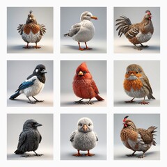 Aufkleber - Nine cute 3D bird models are displayed against a plain background. Each bird is unique with different colors and feather patterns. The models are simple and charming.