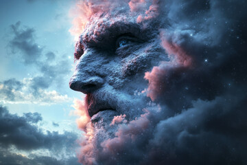 Poster - A moody cosmic environment featuring a merging faceâ€“planet composition, ensconced by faint star
