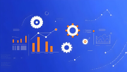 Poster - A blue background with icons of gears, charts