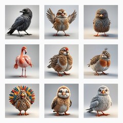 Aufkleber - Charming collection of nine cute 3D bird models. Each avian figure is uniquely designed and presented in a delightful, cartoon-like style.