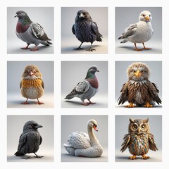 Poster - Cute 3d bird models showcase diverse avian species. A collection of nine images in a grid format displays various birds, each rendered as a charming digital model against a plain backdrop.