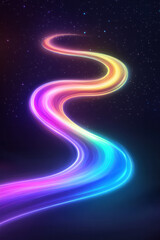 Aufkleber - a glowing neon-style rainbow trail winding through space, halos of bokeh gently illuminating its
