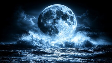 Poster - Blue Moon over stormy ocean waves at night; fantasy backdrop