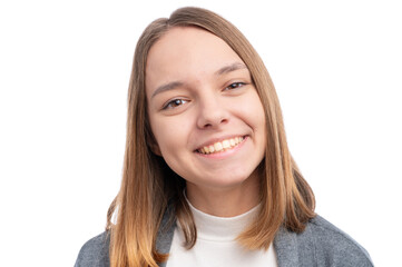 Wall Mural - A young woman with long hair smiling against a white background.