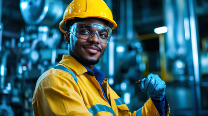 Wall Mural - Gas turbine engineer smiling in safety gear, performing maintenance tasks