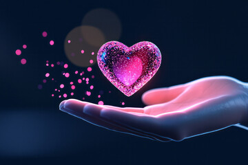 Poster - An ethereal hologram heart emerging from a holographic device in someoneâ€™s hand, with pastel