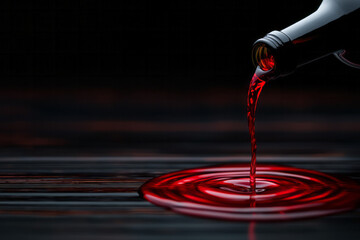 Leinwandbilder - A neat arrangement featuring a bottle tilted above a glass, a ribbon of red liquid creating elegant