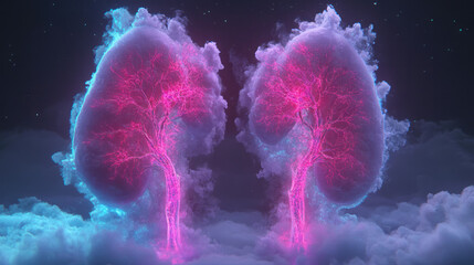 Poster - A medical-meets-sci-fi design of kidneys illuminated by intense red and blue channels, mysterious