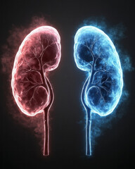 Aufkleber - A radiating kidney pair with a cybernetic look, each organ pulsating in alternating hues of red and