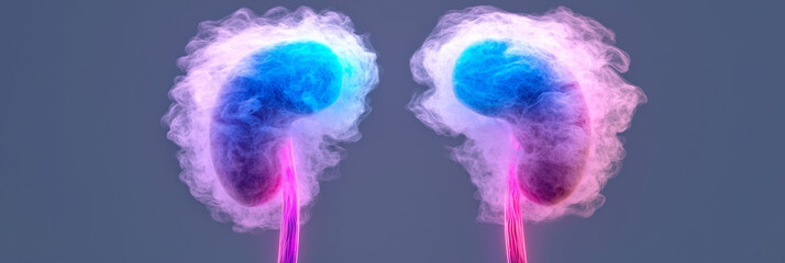 Aufkleber - A stylized anatomical focus on kidneys emitting vibrant energy streams, their surfaces lit in neon