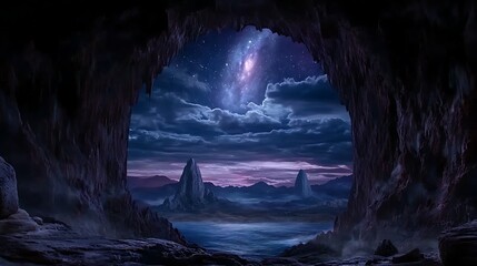 Poster - celestial cavern landscape portal to stars mountains and clouds under a cosmic sky wonderscape