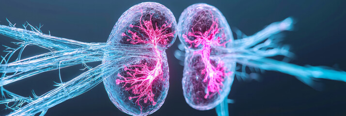 Poster - A stylized anatomical focus on kidneys emitting vibrant energy streams, their surfaces lit in neon