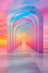 Fototapete - A long corridor composed of glossy, neon cubes in bold hues, receding into a radiant horizon under