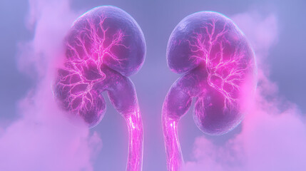 Fototapete - A top-down perspective on enhanced kidneys bathed in streaming neon energy, fog swirling gently