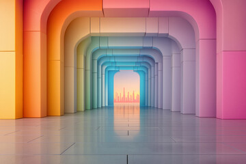 Poster - A futuristic walkway of reflective cubes shifting through vibrant colors, leading to a softly
