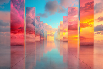 Wall Mural - A cinematic scene of glossy cube columns on either side of a reflective floor, converging toward a