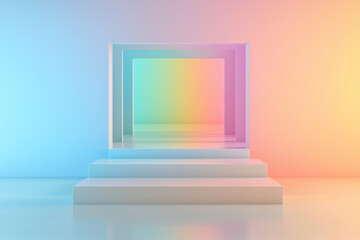 Poster - A low-angle perspective of luminous, pastel-hued cubes forming a corridor, with a dazzling,