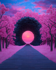 Aufkleber - A corridor of stacked neon blocks forming a crystalline passage, with a warm, glowing point at the
