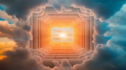 Aufkleber - A vibrant hall of cubes shining with futuristic glows, directing the gaze to a bright focal point