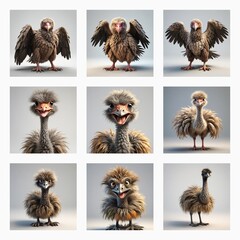 Aufkleber - Cute 3D bird models showcase various poses. Different bird types are rendered with fluffy feathers in a studio setting. Avian creatures display unique features.