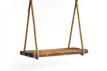 Poster - Simple wooden swing hanging from rope against a white background