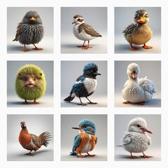 Poster - Charming 3D bird models are showcased in a grid. These cute avian figures exhibit diverse plumage and poses, rendered in a delightful digital style.