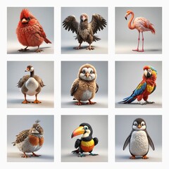 Aufkleber - Cute 3D bird models present a diverse collection of avian species. Each rendered image showcases vibrant colors and unique bird characteristics.