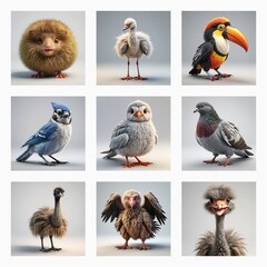 Aufkleber - Nine cute 3D bird models are showcased. Each avian creature is unique and rendered with soft, fluffy textures against a plain backdrop.