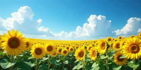 Wall Mural - Vast sunflower field, blue sky, fluffy clouds, clouds, horizon