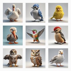 Poster - Cute 3D bird models are displayed in a grid.  Various avian species are showcased with detailed feathers and charming poses in a digital art style.