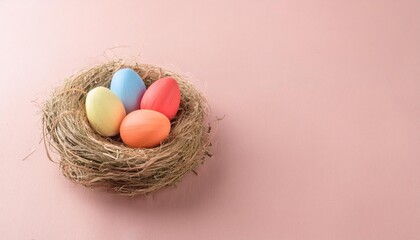 Wall Mural -  Happy Easter day decoration colorful eggs in nest on paper background with copy space 