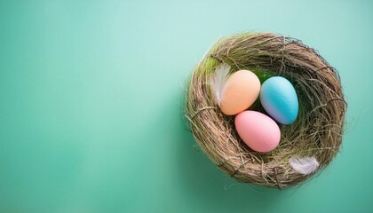 Wall Mural -  Happy Easter day decoration colorful eggs in nest on paper background with copy space 