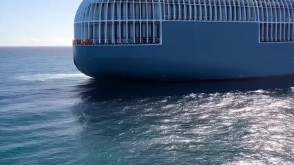 Poster - bright sunlight glistening across deep blue waters while large container ship navigating calm ocean,