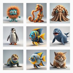 Aufkleber - Charming 3D cartoon animal grid featuring a fluffy blue monster, seahorse, octopus, penguin, seal, lizard, fish, and ginger kitten.
