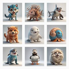 Poster - Cute 3D monster collection showcasing diverse creatures such as a wolf, lionfish, shark, fox, seal, nautilus, dolphin, puffin, and a fluffy being.