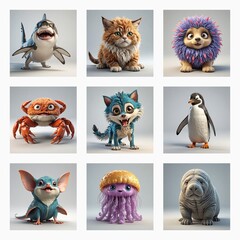 Aufkleber - A grid of nine adorable and cute 3d monsters.  Various cartoonish creatures are displayed in a collection.