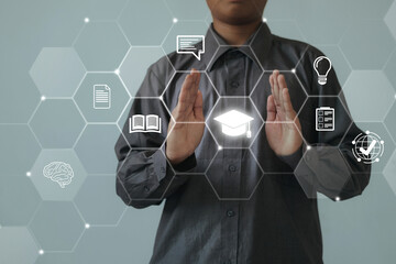 Wall Mural - A futuristic hexagonal digital interface with education icons, representing intelligent learning and global academic networks.