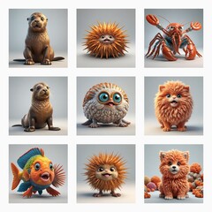 Aufkleber - A grid of nine images showcases cute 3D monsters.  These whimsical creatures, in various shapes and colors, are presented against a neutral background.