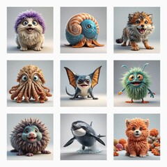 Aufkleber - Nine cute 3D monsters are displayed in a grid.  These imaginative creatures are fluffy, funny, and playfully posed in a cartoonish style.