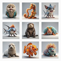 Aufkleber - Cute 3D monsters in a grid showcase a variety of whimsical animal-like creatures with fluffy, scaly, and spiky textures in vibrant colors.
