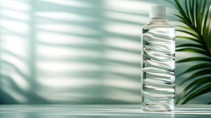 Poster - An artistic arrangement of a water bottle stands amidst soft shadows and light, highlighting its clarity and design in a refreshing and modern context.