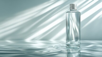 Poster - An elegant water bottle placed on a serene, gently rippling surface, symbolizing serenity and tranquility, complemented by soft light reflections.