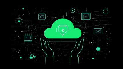 Poster - Hands Holding Cloud Symbol with Digital Connectivity Icons Around
